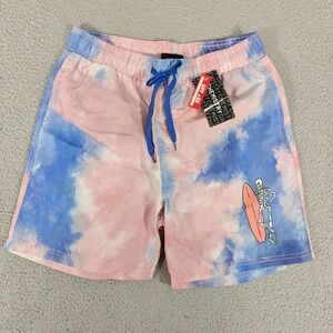 Chemistry Swim Shorts Mens Medium Pink Blue Tie Dye Skeleton Surfer Board UPF 50